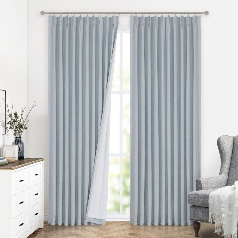 Vision Home Blue Fog Pinch مطوي ستائر التعتيم الكامل الكتان المخلوطة غرفة سواد نافذة الستائر 95 بوصة لغرفة المعيشة غرفة نوم الحرارية معزولة قرصة الطيات الستائر مع السنانير 1 لوحة 60 ""Wx95""L - Image 2